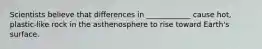 Scientists believe that differences in ____________ cause hot, plastic-like rock in the asthenosphere to rise toward Earth's surface.