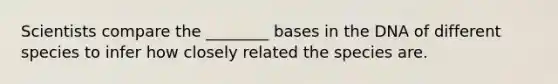 Scientists compare the ________ bases in the DNA of different species to infer how closely related the species are.