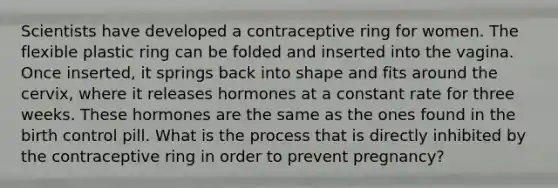 Scientists have developed a contraceptive ring for women. The flexible plastic ring can be folded and inserted into the vagina. Once inserted, it springs back into shape and fits around the cervix, where it releases hormones at a constant rate for three weeks. These hormones are the same as the ones found in the birth control pill. What is the process that is directly inhibited by the contraceptive ring in order to prevent pregnancy?