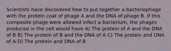 Scientists have discovered how to put together a bacteriophage with the protein coat of phage A and the DNA of phage B. If this composite phage were allowed infect a bacterium, the phages produced in the cell would have A) The protein of A and the DNA of B B) The protein of B and the DNA of A C) The protein and DNA of A D) The protein and DNA of B