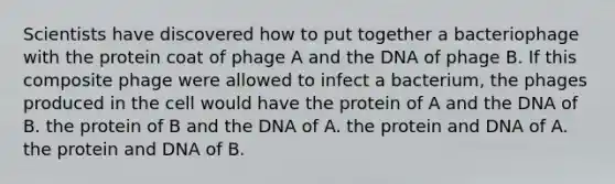 Scientists have discovered how to put together a bacteriophage with the protein coat of phage A and the DNA of phage B. If this composite phage were allowed to infect a bacterium, the phages produced in the cell would have the protein of A and the DNA of B. the protein of B and the DNA of A. the protein and DNA of A. the protein and DNA of B.