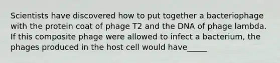 Scientists have discovered how to put together a bacteriophage with the protein coat of phage T2 and the DNA of phage lambda. If this composite phage were allowed to infect a bacterium, the phages produced in the host cell would have_____