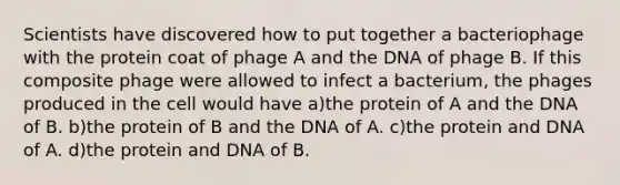 Scientists have discovered how to put together a bacteriophage with the protein coat of phage A and the DNA of phage B. If this composite phage were allowed to infect a bacterium, the phages produced in the cell would have a)the protein of A and the DNA of B. b)the protein of B and the DNA of A. c)the protein and DNA of A. d)the protein and DNA of B.