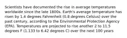 Scientists have documented the rise in average temperatures worldwide since the late 1800s. Earth's average temperature has risen by 1.4 degrees Fahrenheit (0.8 degrees Celsius) over the past century, according to the Environmental Protection Agency (EPA). Temperatures are projected to rise another 2 to 11.5 degrees F (1.133 to 6.42 degrees C) over the next 100 years