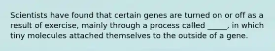 Scientists have found that certain genes are turned on or off as a result of exercise, mainly through a process called _____, in which tiny molecules attached themselves to the outside of a gene.