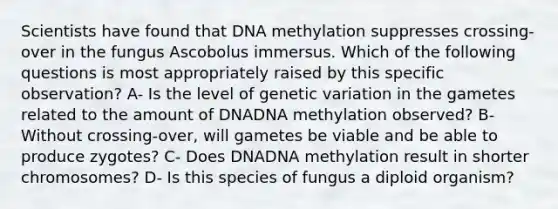 Scientists have found that DNA methylation suppresses crossing-over in the fungus Ascobolus immersus. Which of the following questions is most appropriately raised by this specific observation? A- Is the level of genetic variation in the gametes related to the amount of DNADNA methylation observed? B- Without crossing-over, will gametes be viable and be able to produce zygotes? C- Does DNADNA methylation result in shorter chromosomes? D- Is this species of fungus a diploid organism?