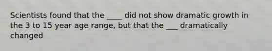 Scientists found that the ____ did not show dramatic growth in the 3 to 15 year age range, but that the ___ dramatically changed