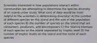 Scientists interested in how populations interact within communities are attempting to determine the species diversity of an island under study. What kind of data would be most helpful to the scientists in determining diversity? A) the number of different species on the island and the size of the population of each species B) the number of species on the island that are consumers, producers, and decomposers C) the relative biomass of each species on the island separated by trophic level D) the number of trophic levels on the island and the niche of each species