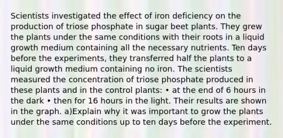 Scientists investigated the effect of iron deficiency on the production of triose phosphate in sugar beet plants. They grew the plants under the same conditions with their roots in a liquid growth medium containing all the necessary nutrients. Ten days before the experiments, they transferred half the plants to a liquid growth medium containing no iron. The scientists measured the concentration of triose phosphate produced in these plants and in the control plants: • at the end of 6 hours in the dark • then for 16 hours in the light. Their results are shown in the graph. a)Explain why it was important to grow the plants under the same conditions up to ten days before the experiment.