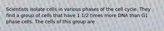 Scientists isolate cells in various phases of the cell cycle. They find a group of cells that have 1 1/2 times more DNA than G1 phase cells. The cells of this group are