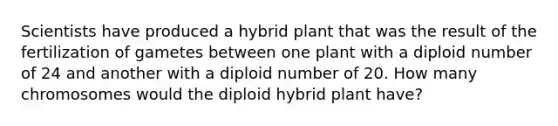 Scientists have produced a hybrid plant that was the result of the fertilization of gametes between one plant with a diploid number of 24 and another with a diploid number of 20. How many chromosomes would the diploid hybrid plant have?