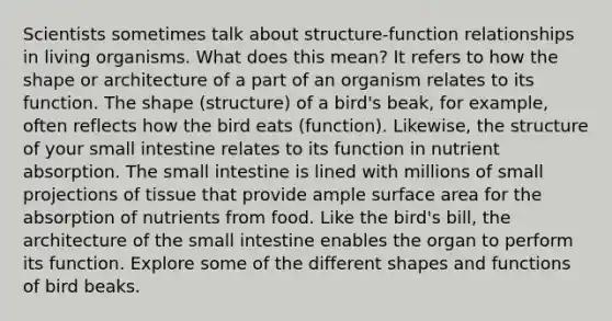 Scientists sometimes talk about structure-function relationships in living organisms. What does this mean? It refers to how the shape or architecture of a part of an organism relates to its function. The shape (structure) of a bird's beak, for example, often reflects how the bird eats (function). Likewise, the structure of your small intestine relates to its function in nutrient absorption. The small intestine is lined with millions of small projections of tissue that provide ample surface area for the absorption of nutrients from food. Like the bird's bill, the architecture of the small intestine enables the organ to perform its function. Explore some of the different shapes and functions of bird beaks.