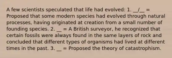 A few scientists speculated that life had evolved: 1. __/__ = Proposed that some modern species had evolved through natural processes, having originated at creation from a small number of founding species. 2. __ = A British surveyor, he recognized that certain fossils were always found in the same layers of rock and concluded that different types of organisms had lived at different times in the past. 3. __ = Proposed the theory of catastrophism.