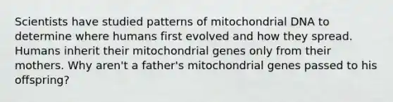 Scientists have studied patterns of mitochondrial DNA to determine where humans first evolved and how they spread. Humans inherit their mitochondrial genes only from their mothers. Why aren't a father's mitochondrial genes passed to his offspring?