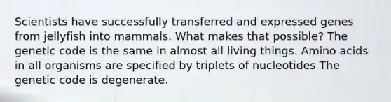 Scientists have successfully transferred and expressed genes from jellyfish into mammals. What makes that possible? The genetic code is the same in almost all living things. Amino acids in all organisms are specified by triplets of nucleotides The genetic code is degenerate.