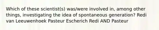 Which of these scientist(s) was/were involved in, among other things, investigating the idea of spontaneous generation? Redi van Leeuwenhoek Pasteur Escherich Redi AND Pasteur