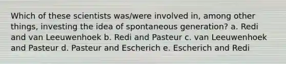 Which of these scientists was/were involved in, among other things, investing the idea of spontaneous generation? a. Redi and van Leeuwenhoek b. Redi and Pasteur c. van Leeuwenhoek and Pasteur d. Pasteur and Escherich e. Escherich and Redi