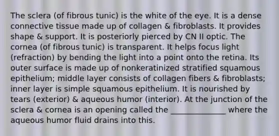 The sclera (of fibrous tunic) is the white of the eye. It is a dense connective tissue made up of collagen & fibroblasts. It provides shape & support. It is posteriorly pierced by CN II optic. The cornea (of fibrous tunic) is transparent. It helps focus light (refraction) by bending the light into a point onto the retina. Its outer surface is made up of nonkeratinized stratified squamous epithelium; middle layer consists of collagen fibers & fibroblasts; inner layer is simple squamous epithelium. It is nourished by tears (exterior) & aqueous humor (interior). At the junction of the sclera & cornea is an opening called the ______________ where the aqueous humor fluid drains into this.