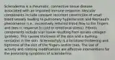 Scleroderma is a rheumatic, connective tissue disease associated with an impaired immune response. Vascular components include constant recurrent constriction of small blood vessels leading to pulmonary hypertension and Raynaud's phenomenon (i.e., excessively reduced blood flow to the fingers and toes in response to cold or emotional stress). Fibrotic components include scar tissue resulting from excess collagen (protein). This causes thickness of the skin and a burning sensation in the skin. Sclerodactyly is a localized thickening and tightness of the skin of the fingers and/or toes. The use of activity and clothing modifications are effective interventions for the presenting symptoms of scleroderma.