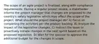 The scope of an agile project is finalized, along with compliance requirements. During a regular project review, a stakeholder informs the project manager that changes are proposed to the country's safety legislation which may affect the scope of the project. What should the project manager do? A) Focus on completing the activities per the product backlog. B) Analyze the impact of the legislative changes. C) Instruct the team to proactively initiate changes in the next sprint based on the proposed legislation. D) Wait for the sponsor to approve the additional budget for the changes in scope.