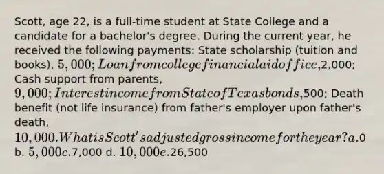 Scott, age 22, is a full-time student at State College and a candidate for a bachelor's degree. During the current year, he received the following payments: State scholarship (tuition and books), 5,000; Loan from college financial aid office,2,000; Cash support from parents, 9,000; Interest income from State of Texas bonds,500; Death benefit (not life insurance) from father's employer upon father's death, 10,000. What is Scott's adjusted gross income for the year? a.0 b. 5,000 c.7,000 d. 10,000 e.26,500