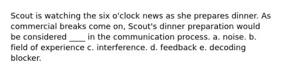 Scout is watching the six o'clock news as she prepares dinner. As commercial breaks come on, Scout's dinner preparation would be considered ____ in the communication process. a. noise. b. field of experience c. interference. d. feedback e. decoding blocker.