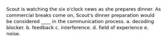 Scout is watching the six o'clock news as she prepares dinner. As commercial breaks come on, Scout's dinner preparation would be considered ____ in the communication process. a. decoding blocker. b. feedback c. interference. d. field of experience e. noise.