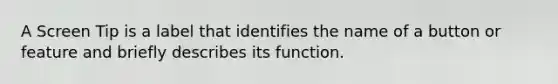 A Screen Tip is a label that identifies the name of a button or feature and briefly describes its function.