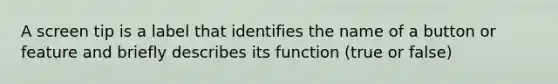 A screen tip is a label that identifies the name of a button or feature and briefly describes its function (true or false)