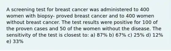 A screening test for breast cancer was administered to 400 women with biopsy- proved breast cancer and to 400 women without breast cancer. The test results were positive for 100 of the proven cases and 50 of the women without the disease. The sensitivity of the test is closest to: a) 87% b) 67% c) 25% d) 12% e) 33%