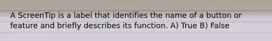 A ScreenTip is a label that identifies the name of a button or feature and briefly describes its function. A) True B) False
