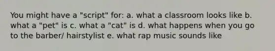 You might have a "script" for: a. what a classroom looks like b. what a "pet" is c. what a "cat" is d. what happens when you go to the barber/ hairstylist e. what rap music sounds like