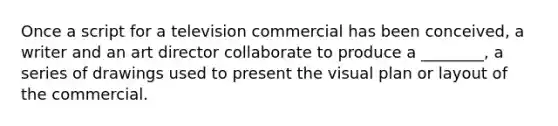 Once a script for a television commercial has been conceived, a writer and an art director collaborate to produce a ________, a series of drawings used to present the visual plan or layout of the commercial.