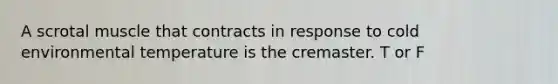 A scrotal muscle that contracts in response to cold environmental temperature is the cremaster. T or F