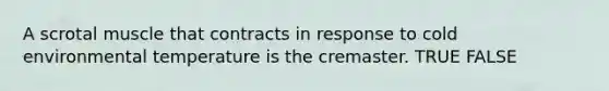 A scrotal muscle that contracts in response to cold environmental temperature is the cremaster. TRUE FALSE