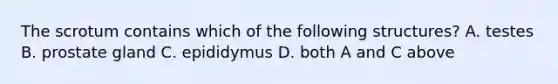 The scrotum contains which of the following structures? A. testes B. prostate gland C. epididymus D. both A and C above