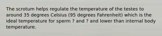 The scrotum helps regulate the temperature of the testes to around 35 degrees Celsius (95 degrees Fahrenheit) which is the ideal temperature for sperm ? and ? and lower than internal body temperature.