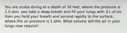 You are scuba diving at a depth of 30 feet, where the pressure is 2.0 atm. you take a deep breath and fill your lungs with 3 L of air. then you hold your breath and ascend rapidly to the surface, where the air pressure is 1 atm. What volume will the air in your lungs now require?