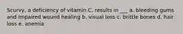 Scurvy, a deficiency of vitamin C, results in ___ a. bleeding gums and impaired wound healing b. visual loss c. brittle bones d. hair loss e. anemia
