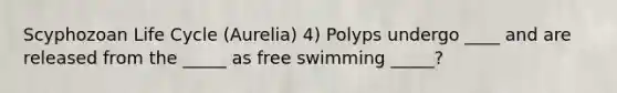 Scyphozoan Life Cycle (Aurelia) 4) Polyps undergo ____ and are released from the _____ as free swimming _____?