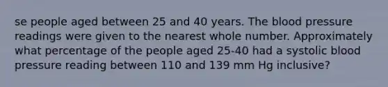 se people aged between 25 and 40 years. The blood pressure readings were given to the nearest whole number. Approximately what percentage of the people aged​ 25-40 had a systolic blood pressure reading between 110 and 139 mm Hg​ inclusive?