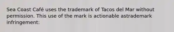 Sea Coast Café uses the trademark of Tacos del Mar without permission. This use of the mark is actionable astrademark infringement: