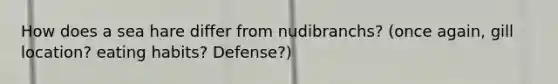 How does a sea hare differ from nudibranchs? (once again, gill location? eating habits? Defense?)