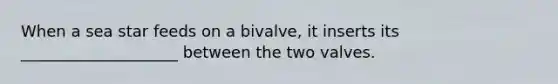 When a sea star feeds on a bivalve, it inserts its ____________________ between the two valves.