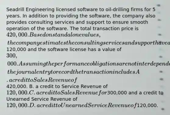 Seadrill Engineering licensed software to oil-drilling firms for 5 years. In addition to providing the software, the company also provides consulting services and support to ensure smooth operation of the software. The total transaction price is 420,000. Based on standalone values, the company estimates the consulting services and support have a value of120,000 and the software license has a value of 300,000. Assuming the performance obligations are not interdependent, the journal entry to record the transaction includes A. a credit to Sales Revenue of420,000. B. a credit to Service Revenue of 120,000. C. a credit to Sales Revenue for300,000 and a credit to Unearned Service Revenue of120,000. D. a credit to Unearned Service Revenue of120,000.