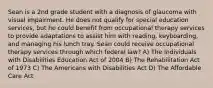 Sean is a 2nd grade student with a diagnosis of glaucoma with visual impairment. He does not qualify for special education services, but he could benefit from occupational therapy services to provide adaptations to assist him with reading, keyboarding, and managing his lunch tray. Sean could receive occupational therapy services through which federal law? A) The Individuals with Disabilities Education Act of 2004 B) The Rehabilitation Act of 1973 C) The Americans with Disabilities Act D) The Affordable Care Act