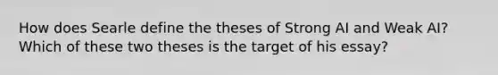 How does Searle define the theses of Strong AI and Weak AI? Which of these two theses is the target of his essay?