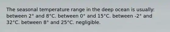 The seasonal temperature range in the deep ocean is usually: between 2° and 8°C. between 0° and 15°C. between -2° and 32°C. between 8° and 25°C. negligible.