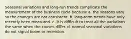 Seasonal variations and long-run trends complicate the measurement of the business cycle because a. the seasons vary so the changes are not consistent. b. long-term trends have only recently been measured. c. it is difficult to treat all the variations the same when the causes differ. d. normal seasonal variations do not signal boom or recession.