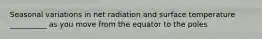 Seasonal variations in net radiation and surface temperature __________ as you move from the equator to the poles